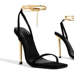 Square Open Toe High Heels, Solid Color Ankle Chain Stiletto Sandals.